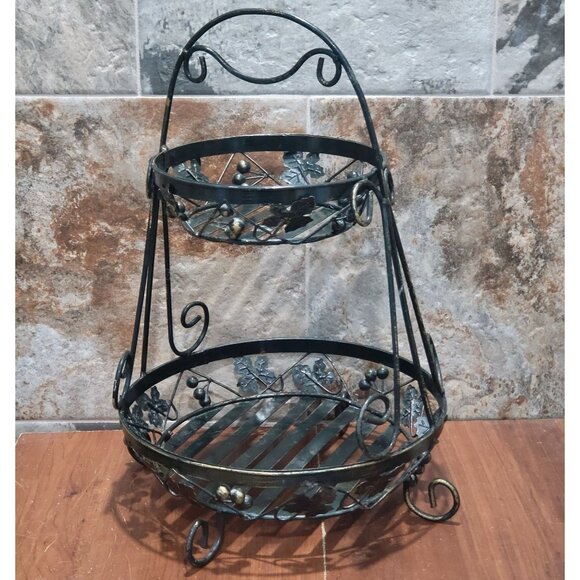 Two Tier Metal Fruit Basket Kitchen Storage Organizer 21" High Vines and Leaves - Picture 10 of 12